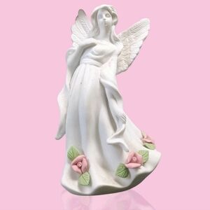 Elegant White Angel Figurine with Pink Accents, 7" Tall